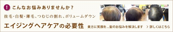 【こんなお悩みありませんか？】抜毛・白髪・薄毛、つむじの割れ、ボリュームダウン　エイジングヘアケアの必要性　貴方に笑顔を...髪のお悩みを解決します　詳しくはこちら
